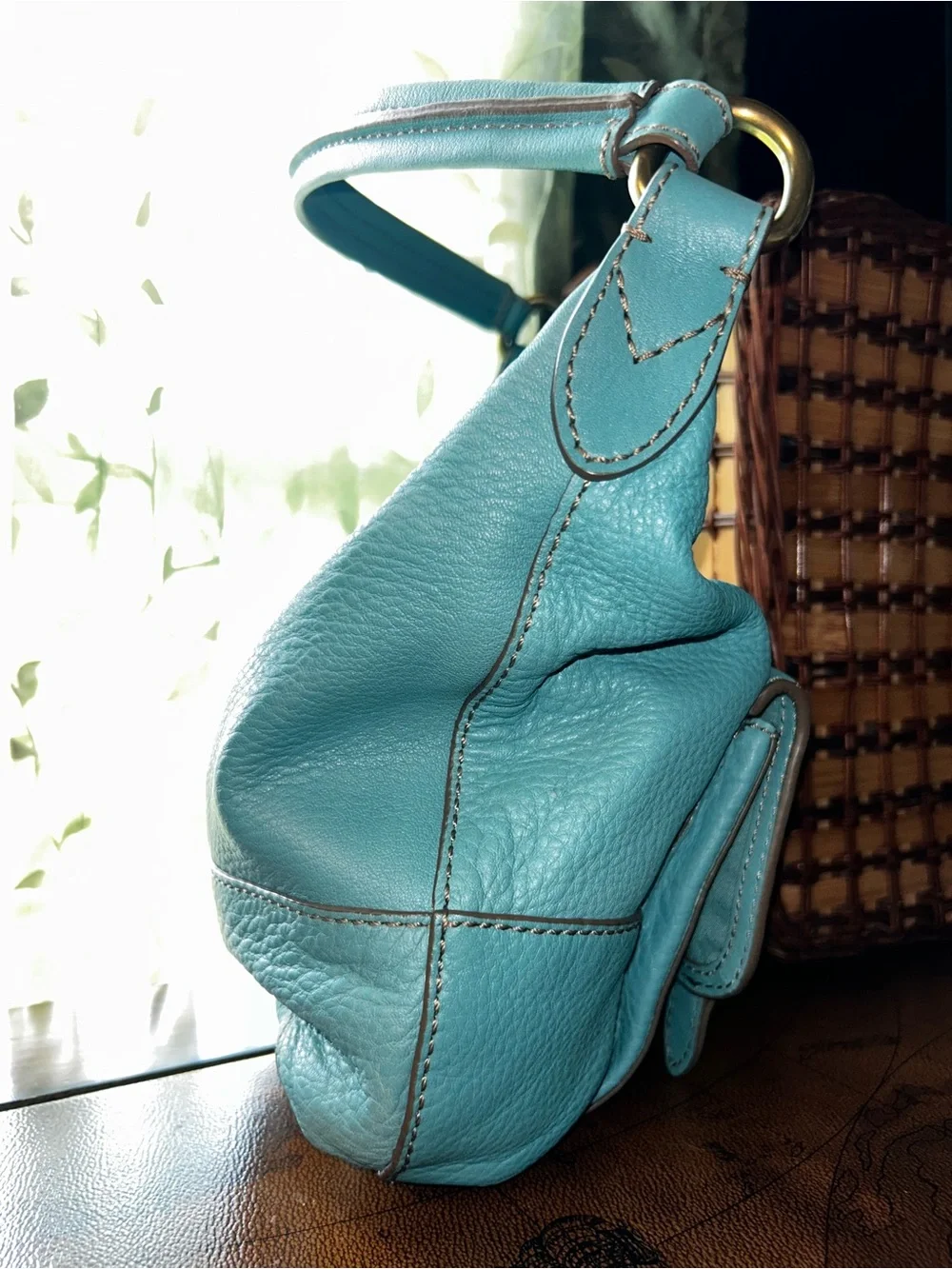 Vintage Fossil Teal Blue Pebbled Leather Shoulder Hobo Bag